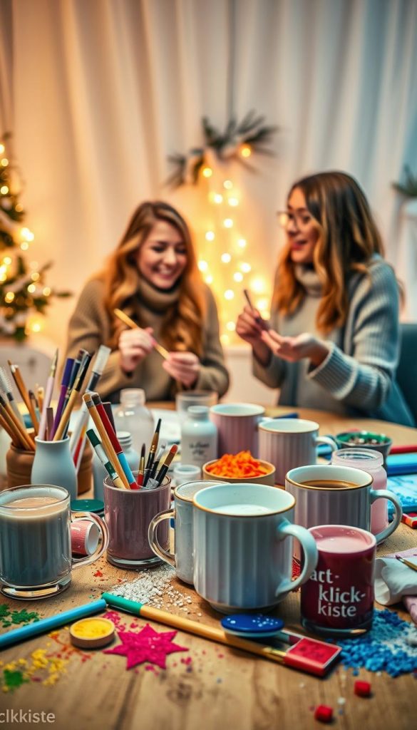 A cozy indoor scene of a girls' night craft activity titled "Craft & Sip: Kreative DIY-Ideen, die wirklich Spaß machen." In the foreground, a beautifully arranged table brimming with vibrant colored craft supplies: paints, brushes, and glitter, alongside elegant mugs filled with steaming beverages. A warm, inviting light bathes the setup, creating a soft, dreamy atmosphere reminiscent of a Pinterest board. In the middle, two women, dressed in modest casual clothing, are engaged in painting DIY projects, their laughter and creativity evident. The background features soft, out-of-focus winter decorations like twinkling fairy lights and natural elements, enhancing the cozy vibe. Subtle branding for "KlickKiste" is integrated into the craft supplies. The overall mood is joyful, inspiring, and authentically creative, reflecting a fun and engaging evening.