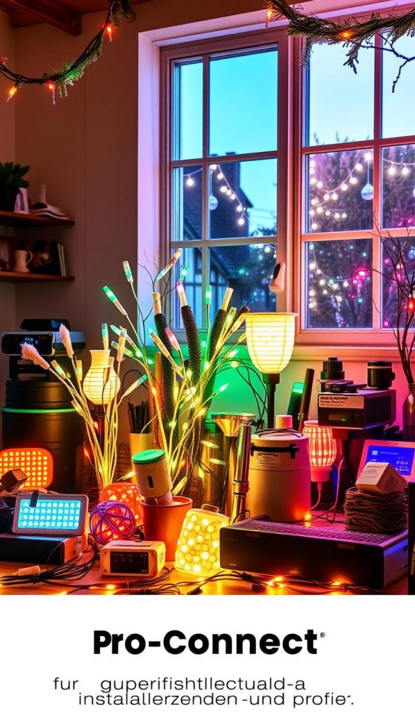 A cozy indoor scene of the &quot;KlickKiste Pro-Connect LED Fest&quot;, showcasing a vibrant assortment of LED lights and connectors arranged in a warm, inviting display. Soft, natural lighting illuminates the scene, creating a welcoming atmosphere reminiscent of a winter wonderland. The arrangement features a mix of various LED fixtures, power supplies, and modular connectors, all neatly organized to demonstrate the system's flexibility and expandability. The overall composition has a DIY-inspired, Pinterest-worthy aesthetic, with a focus on the technical details and the versatility of the &quot;KlickKiste&quot; brand's product offerings. The image conveys a sense of creativity, professionalism, and the potential for large-scale installations, reflecting the section title &quot;Pro-Connect &amp; Erweiterbarkeit: für große Installationen und Profis&quot;.