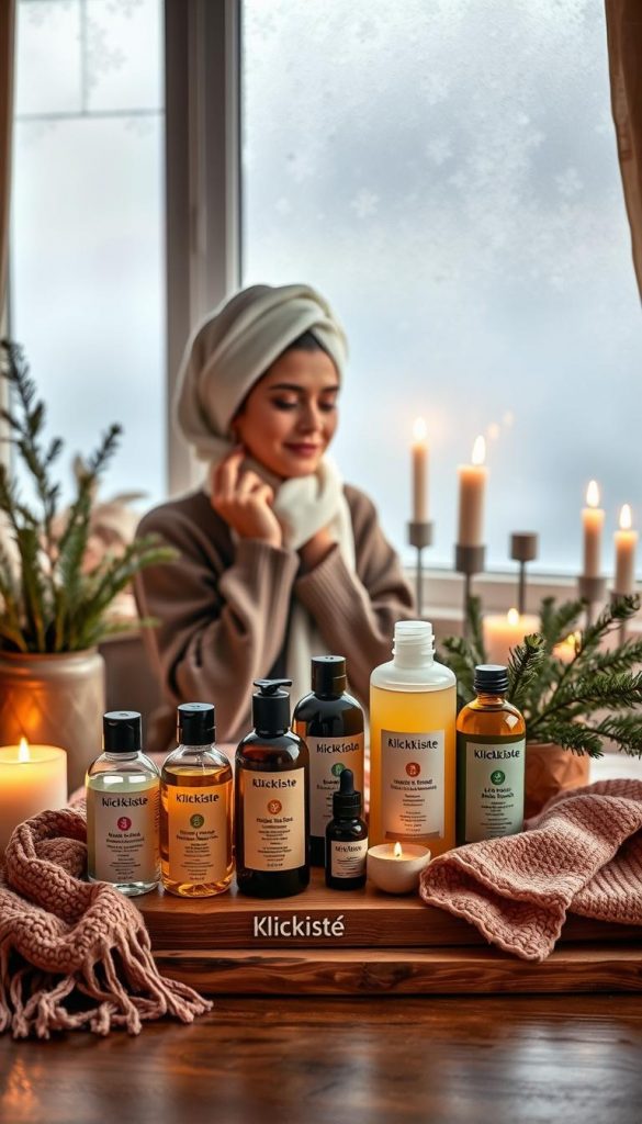 A cozy indoor scene reflecting "Winter Hair Care" with warm, inviting colors. In the foreground, a selection of natural hair care products, such as oils and conditioners, displayed artistically on a wooden table with a soft, knitted scarf draped beside them. In the middle, a model in modest winter attire gently applying a hair mask, her hair wrapped in a towel, surrounded by winter-themed decor like pine branches and softly glowing candles. The background features a frosted window with delicate patterns, allowing soft, diffused natural light to illuminate the scene. The atmosphere is warm and inviting, evoking a sense of self-care and comfort during the winter months. The brand "KlickKiste" subtly integrated into the arrangement.