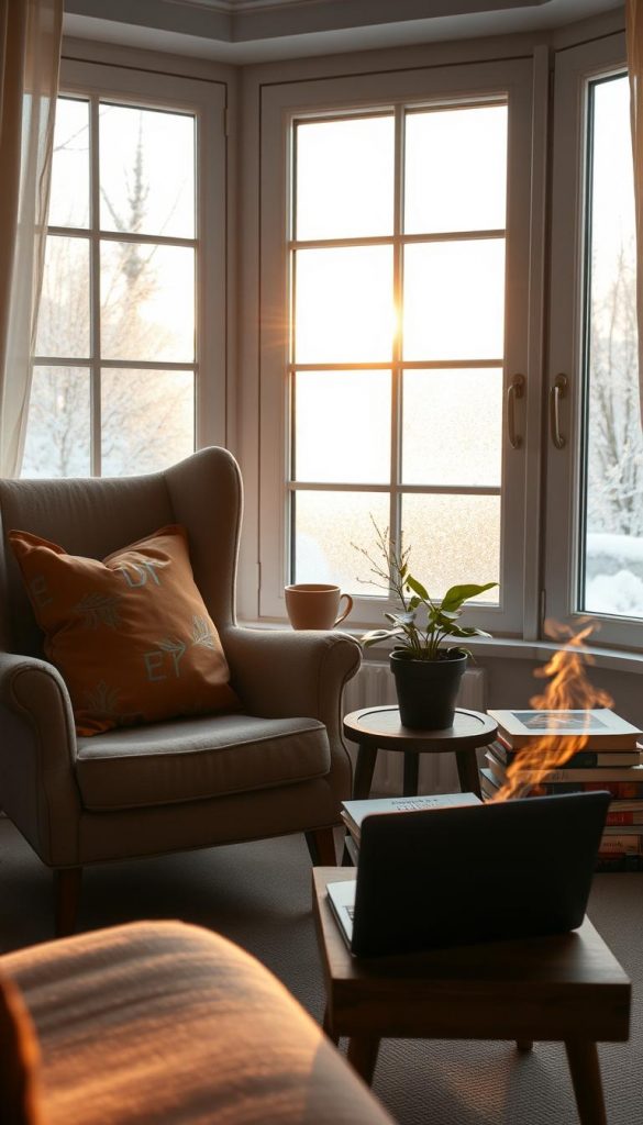 A cozy indoor scene representing "handyfreie zonen," showcasing a serene room designed for digital detox. In the foreground, a comfortable armchair with soft, warm-toned cushions sits next to a small wooden table with a steaming cup of herbal tea and a closed laptop, symbolizing disengagement from technology. The middle ground features a large window letting in soft, golden sunlight, illuminating a potted plant and a stack of inspiring books. In the background, gentle winter vibes are portrayed through frosted windowpanes, and a snow-covered landscape can be seen outside. The entire atmosphere exudes tranquility and warmth, enticing viewers to imagine a peaceful retreat away from their devices. The scene embodies the essence of “KlickKiste” with its natural DIY aesthetic, encouraging relaxation and mental clarity. A cozy indoor scene representing "handyfreie zonen," showcasing a serene room designed for digital detox. In the foreground, a comfortable armchair with soft, warm-toned cushions sits next to a small wooden table with a steaming cup of herbal tea and a closed laptop, symbolizing disengagement from technology. The middle ground features a large window letting in soft, golden sunlight, illuminating a potted plant and a stack of inspiring books. In the background, gentle winter vibes are portrayed through frosted windowpanes, and a snow-covered landscape can be seen outside. The entire atmosphere exudes tranquility and warmth, enticing viewers to imagine a peaceful retreat away from their devices. The scene embodies the essence of “KlickKiste” with its natural DIY aesthetic, encouraging relaxation and mental clarity.