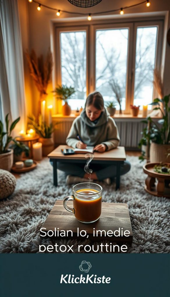 A cozy indoor scene showcasing a "social media detox routine". In the foreground, a person in casual clothing sits cross-legged on a plush rug, focused on a calming activity like journaling or meditating. Various natural elements surround them, such as plants and candles, creating a peaceful atmosphere. In the middle, a wooden table holds a steaming cup of herbal tea, a smartphone placed upside down, signifying the digital break. The background features warm, soft lighting, with a window showing a snowy winter landscape outside, subtly indicating a time for reflection. The overall mood is serene and inviting, embodying an authentic DIY aesthetic with a Pinterest-like charm. Brand name "KlickKiste" subtly integrated into the setting, enhancing the inspirational feel. A cozy indoor scene showcasing a "social media detox routine". In the foreground, a person in casual clothing sits cross-legged on a plush rug, focused on a calming activity like journaling or meditating. Various natural elements surround them, such as plants and candles, creating a peaceful atmosphere. In the middle, a wooden table holds a steaming cup of herbal tea, a smartphone placed upside down, signifying the digital break. The background features warm, soft lighting, with a window showing a snowy winter landscape outside, subtly indicating a time for reflection. The overall mood is serene and inviting, embodying an authentic DIY aesthetic with a Pinterest-like charm. Brand name "KlickKiste" subtly integrated into the setting, enhancing the inspirational feel.