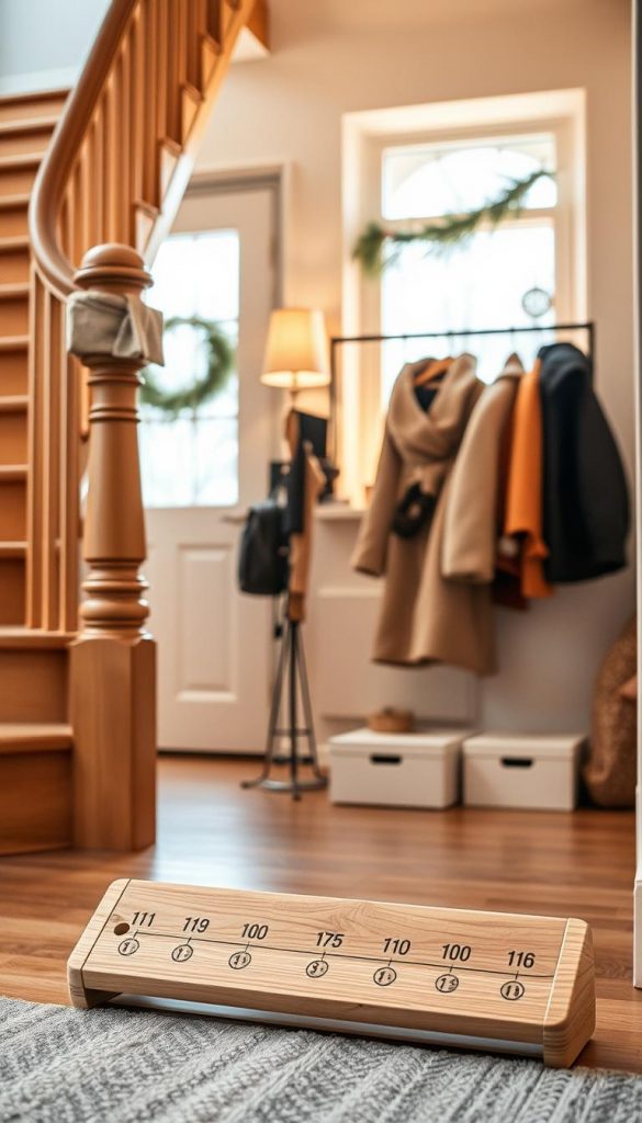 A cozy indoor scene showcasing a beautifully crafted Treppen-Tracker from KlickKiste, thoughtfully placed at the foot of an inviting staircase. The tracker, made of natural wood with a stylish design, features clear markers for step counting, positioned prominently in the foreground. In the middle of the image, a neatly organized coat rack complements the tracker, displaying warm winter coats and accessories, enhancing the DIY aesthetic with soft textures and earth tones. In the background, soft, ambient lighting casts a warm glow through a window decorated with subtle winter-themed decor. The overall mood is warm and inspiring, promoting a sense of creativity and motivation for an active lifestyle.
