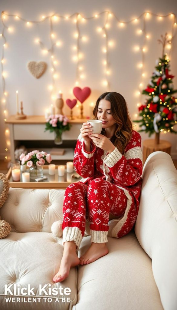 A cozy indoor scene showcasing a stylish Valentine's Day outfit, emphasizing comfort and warmth. In the foreground, a model sits on a plush, cream-colored sofa, wearing soft red and white knit pajamas complemented by a matching oversized cardigan. They are sipping hot cocoa from a festive mug. The middle layer features a beautifully arranged coffee table with some romantic decorations, like heart-shaped candles and a vase of fresh roses. The background captures a softly lit room with fairy lights strung across the walls, creating an inviting atmosphere. The mood is warm and romantic, perfect for a cozy date night indoors. Use natural lighting to enhance the inviting ambiance. Inspired by the brand "KlickKiste," ensure the image has a Pinterest-worthy aesthetic with winter vibes and warm colors.