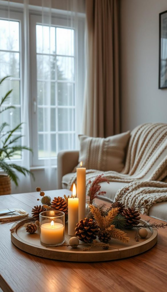 A cozy indoor scene showcasing seasonal decoration inspired by a rainy day. In the foreground, a beautifully arranged table features natural DIY decorations in warm colors—think soft browns, deep greens, and hints of golden yellow. A flickering candle emits a gentle glow, surrounded by rustic elements like pine cones and small vases of dried flowers. The middle of the scene reveals a window with raindrops glistening on the glass, framed by sheer, soft curtains letting in muted daylight. In the background, a plush sofa draped with a thick knitted blanket adds an inviting touch. The overall mood is warm and tranquil, enhancing the feeling of comfort on a rainy day, evoking winter vibes. Capture this intimate atmosphere in the style of Pinterest aesthetics, reflecting a touch of inspiration from KlickKiste.