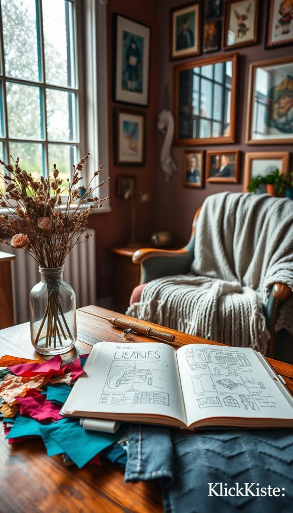 A cozy indoor scene showcasing upcycling projects for a rainy day, capturing the essence of warmth and creativity. In the foreground, a wooden table is adorned with vibrant fabric scraps, a vintage vase filled with dried flowers, and an open notebook filled with sketches of DIY ideas. The middle features a stylishly upcycled chair draped with a knitted blanket, and a colorful wall adorned with framed, repurposed artwork. In the background, a window shows raindrops glistening against the glass, casting soft, diffused light throughout the room, enhancing the inviting atmosphere. The overall tone is warm and inspiring, reflecting a Pinterest-worthy aesthetic. This scene is branded with the subtle yet visible logo of &quot;KlickKiste&quot; integrated into the decor elements.