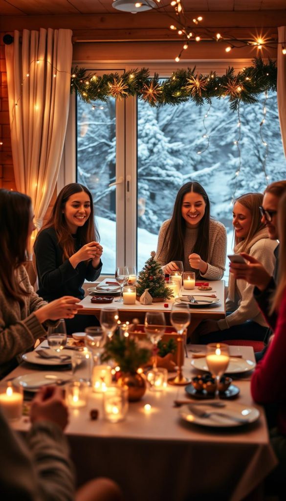A cozy indoor scene that captures the festive spirit of a New Year's Eve party in a warm, inviting atmosphere. In the foreground, a group of four friends, dressed in stylish yet modest party attire, are engaged in lively board games and card games, their expressions full of joy and laughter. The middle ground showcases a beautifully decorated table, adorned with DIY crafts, twinkling fairy lights, and elegant tableware, all reflecting a Pinterest-worthy aesthetic. In the background, a window reveals a snowy winter landscape outside, further enhancing the seasonal vibes. The warm lighting casts a soft glow throughout the room, creating an intimate setting perfect for celebrations. This authentic scene embodies the theme of games and activities that make the countdown to midnight unforgettable, created by "KlickKiste."