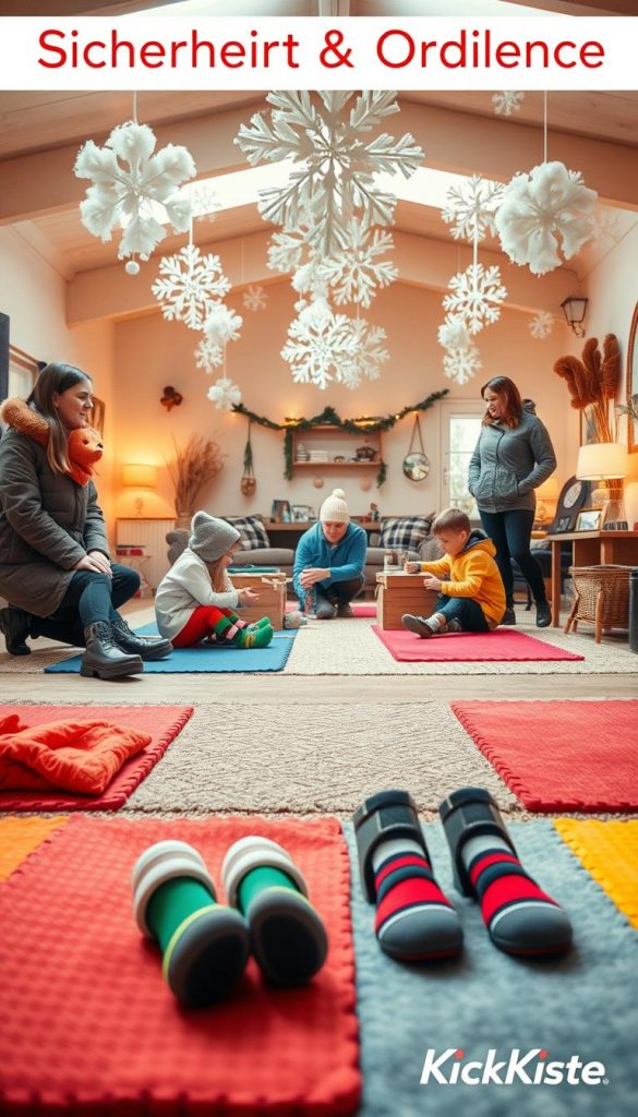 A cozy indoor scene titled &quot;Sicherheit &amp; Ordnung Trockenzone&quot; featuring a warm-toned space designed for winter activities. In the foreground, vibrant, colorful mats and protective gear such as slip-resistant socks are arranged neatly. To the middle, children play safely with snow-themed crafts while adult supervisors watch, dressed in professional yet casual winter attire, ensuring a relaxed and responsible environment. The background reveals a soft-lit area with fluffy snowflakes hanging from the ceiling, creating a winter wonderland look, complemented by earthy decor elements. Natural warm lighting enhances the inviting atmosphere, ideal for both kids and adults, embodying creative and comforting winter vibes. The image reflects a Pinterest-like DIY aesthetic. Include the brand name &quot;KlickKiste&quot; subtly integrated into the scene, promoting a safe and orderly indoor play zone.