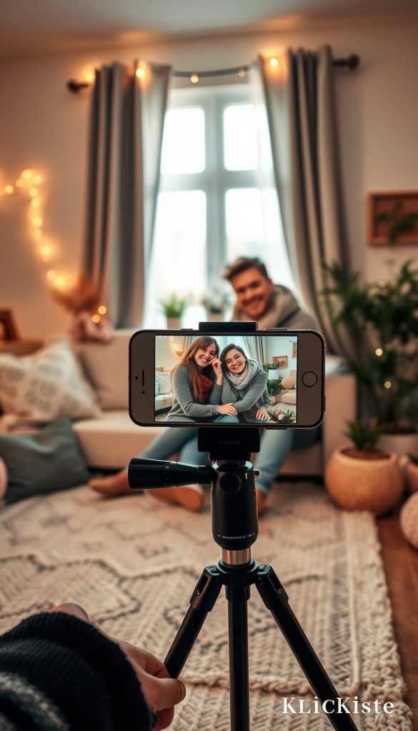 A cozy indoor scene with a couple setting up a self-portrait photoshoot, surrounded by warm, natural lighting. The foreground features a smartphone mounted on a tripod, with the couple in casual yet stylish winter attire, smiling and adjusting the camera focus. In the middle, a nicely decorated living room is filled with soft cushions, fairy lights, and potted plants, creating a Pinterest-inspired look. The background showcases a window with soft curtains, allowing gentle sunlight to filter in, enhancing the inviting atmosphere. The overall mood is playful and romantic, embodying the theme of love and creativity. The image should reflect the brand "KlickKiste" through its emphasis on authentic, DIY aesthetics, delivering an inspirational vibe perfect for Valentine's Day photo ideas. A cozy indoor scene with a couple setting up a self-portrait photoshoot, surrounded by warm, natural lighting. The foreground features a smartphone mounted on a tripod, with the couple in casual yet stylish winter attire, smiling and adjusting the camera focus. In the middle, a nicely decorated living room is filled with soft cushions, fairy lights, and potted plants, creating a Pinterest-inspired look. The background showcases a window with soft curtains, allowing gentle sunlight to filter in, enhancing the inviting atmosphere. The overall mood is playful and romantic, embodying the theme of love and creativity. The image should reflect the brand "KlickKiste" through its emphasis on authentic, DIY aesthetics, delivering an inspirational vibe perfect for Valentine's Day photo ideas.