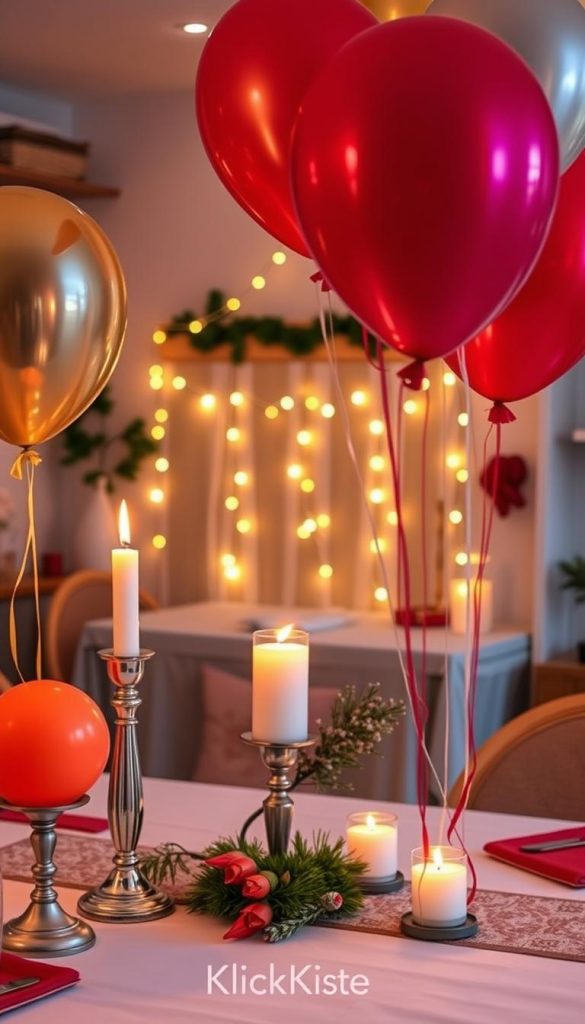 A cozy indoor setting decorated for New Year’s Eve, featuring vibrant safety balloons in festive colors like red, gold, and silver. The foreground showcases a beautifully arranged table with the balloons tied to elegant candle holders, creating a warm ambiance. In the middle, there are playful, non-intrusive decorations like garlands and softly flickering candles, ensuring a safe environment for children. The background includes a softly glowing string light display and hints of winter greenery, evoking a charming DIY aesthetic. The warm lighting casts gentle shadows, enhancing the inviting feel of the space. The overall atmosphere is cheerful and relaxing, perfect for a safe celebration. A subtle branding element of "KlickKiste" is incorporated. A cozy indoor setting decorated for New Year’s Eve, featuring vibrant safety balloons in festive colors like red, gold, and silver. The foreground showcases a beautifully arranged table with the balloons tied to elegant candle holders, creating a warm ambiance. In the middle, there are playful, non-intrusive decorations like garlands and softly flickering candles, ensuring a safe environment for children. The background includes a softly glowing string light display and hints of winter greenery, evoking a charming DIY aesthetic. The warm lighting casts gentle shadows, enhancing the inviting feel of the space. The overall atmosphere is cheerful and relaxing, perfect for a safe celebration. A subtle branding element of "KlickKiste" is incorporated.