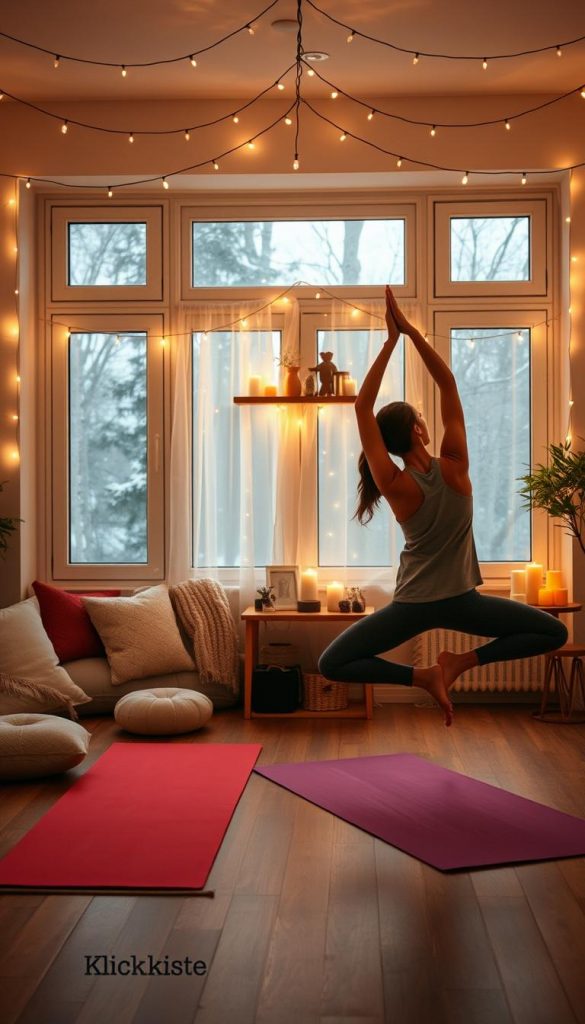 A cozy indoor setting designed for a romantic Valentine’s Day date night, featuring a couple engaged in a balanced yoga pose. In the foreground, the couple, dressed in comfortable, modest sportswear, is harmoniously positioned on colorful yoga mats. The middle ground includes decorative elements such as soft cushions, a warm ambient light from fairy lights strung overhead, and a small wooden shelf displaying candles and plants. In the background, large windows let in natural light, illuminating the scene with a soft, warm glow. The overall atmosphere conveys intimacy and inspiration, with winter-themed decor, adding a Pinterest-worthy charm. The image reflects a refreshing, DIY aesthetic by KlickKiste, emphasizing movement and balance in a romantic home setting.