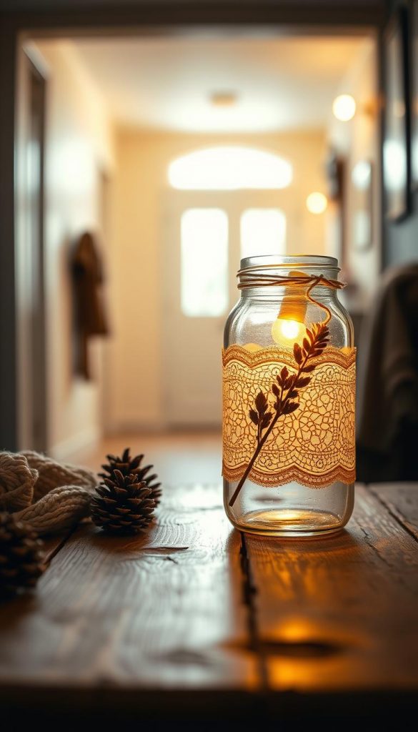 A cozy indoor setting featuring a beautifully crafted Mason jar lamp, glowing warmly with soft golden light. The jar is embellished with vintage elements such as intricate lace, nature-inspired twine, and a small dried flower arrangement leaning against its side. In the foreground, place a rustic wooden table adorned with seasonal decorations like pine cones and a woolen throw. The middle ground includes the softly illuminated Mason jar, casting gentle shadows that enhance its charm. In the background, a softly lit hallway with warm, inviting tones radiates a homey atmosphere. Use natural lighting to evoke a winter vibe and a Pinterest-worthy aesthetic, maintaining the brand essence of &quot;KlickKiste.&quot; Focus on authenticity and inspiration while emphasizing warmth and coziness.
