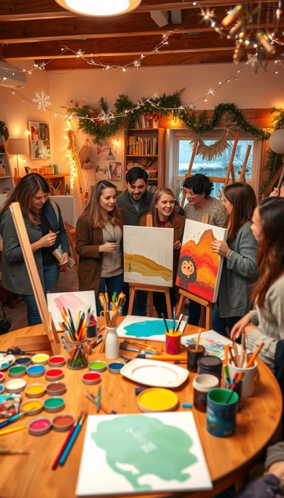 A cozy indoor setting featuring a vibrant painting party atmosphere, with a group of adults in modest casual clothing engaged in creative activities. The foreground shows a round wooden table covered in colorful paints, brushes, and canvas, with a few unfinished paintings leaning against the wall. In the middle, adults animatedly discuss their artwork, surrounded by sparkling decorations and DIY crafts scattered around. The background reveals a warm, softly lit room adorned with fairy lights and art supplies, creating a Pinterest-inspired winter vibe. Use warm colors to evoke a sense of creativity and joy. The image should have natural lighting, focusing on the participants' expressions and the lively environment, encapsulating the spirit of a fun and affordable craft day by KlickKiste.