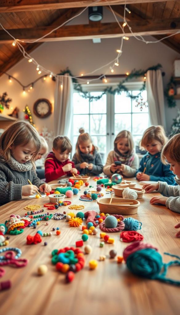 A cozy indoor setting filled with children engaging in hands-on activities designed for sensory and fine motor skills development. In the foreground, a wooden table is covered with colorful craft supplies: beads, yarn, and small tools, as kids, dressed in warm, casual clothing, focus intently on their projects. In the middle ground, a group of children collaborates, examining shapes and textures, showcasing their creativity with smiles on their faces. The background features a softly lit room with string lights and winter-themed decorations, creating a warm, inviting atmosphere. Natural light filters through a window, casting a gentle glow on the scene, enhancing the feeling of winter coziness. Include the brand name &quot;KlickKiste&quot; subtly integrated into the setting, ensuring authenticity and inspiration.