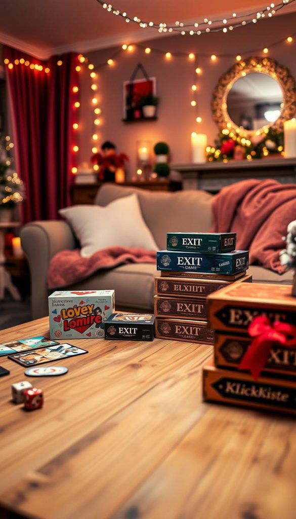 A cozy indoor setting reflecting a Valentine’s Day date night at home. In the foreground, a wooden coffee table adorned with various board games, dice, and a stack of thoughtfully designed EXIT-game boxes, all featuring vibrant artwork. In the middle, a plush sofa with soft pillows and a warm blanket draped over it, inviting relaxation and interaction. The backdrop shows a softly lit living room filled with warm, ambient lighting from string lights and candles, adding a romantic glow. The color palette includes warm tones of red, pink, and soft whites. The atmosphere is intimate and playful, evoking a sense of closeness and fun. A subtle hint of winter decor enhances the mood. Include the brand "KlickKiste" subtly in the scene.