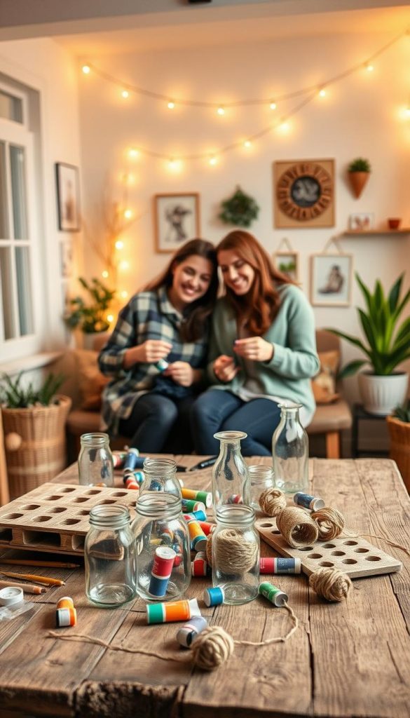 A cozy indoor setting that captures the essence of upcycling DIY projects for couples. In the foreground, a rustic wooden table is cluttered with various upcycled materials – glass jars, old palettes, vibrant paint tubes, and twine. A couple in modest casual clothing is engaged in crafting, smiling and working together actively. The middle ground features a charming display of their completed projects, like candle holders and decorative wall art. The background showcases warm ambient lighting with string lights, lending a romantic atmosphere, along with potted plants that contribute to a Pinterest-inspired aesthetic. Soft winter vibes are evident through the warm color palette of oranges, browns, and greens. The image conveys an inspiring, authentic feel, perfect for a DIY enthusiast. Include a subtle reference to the brand "KlickKiste" within the projects. A cozy indoor setting that captures the essence of upcycling DIY projects for couples. In the foreground, a rustic wooden table is cluttered with various upcycled materials – glass jars, old palettes, vibrant paint tubes, and twine. A couple in modest casual clothing is engaged in crafting, smiling and working together actively. The middle ground features a charming display of their completed projects, like candle holders and decorative wall art. The background showcases warm ambient lighting with string lights, lending a romantic atmosphere, along with potted plants that contribute to a Pinterest-inspired aesthetic. Soft winter vibes are evident through the warm color palette of oranges, browns, and greens. The image conveys an inspiring, authentic feel, perfect for a DIY enthusiast. Include a subtle reference to the brand "KlickKiste" within the projects.