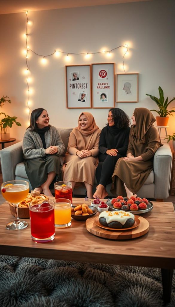 A cozy indoor setup for a girls' night at home, featuring a warmly lit living room with soft, ambient lighting. In the foreground, a low coffee table adorned with an array of colorful snacks, drinks in stylish glasses, and a beautiful DIY dessert platter, all arranged aesthetically. In the middle, a group of three diverse women dressed in comfortable, modest casual attire, sitting together on a plush sofa, engaged in lively conversation and laughter. The background showcases softly decorated walls with fairy lights and Pinterest-inspired wall art, evoking a warm and inviting atmosphere. Natural elements like potted plants add to the ambiance, enhancing the cozy winter vibes. The scene brands the atmosphere with a subtle "KlickKiste" aesthetic, reflecting authenticity and inspiration for home gatherings.
