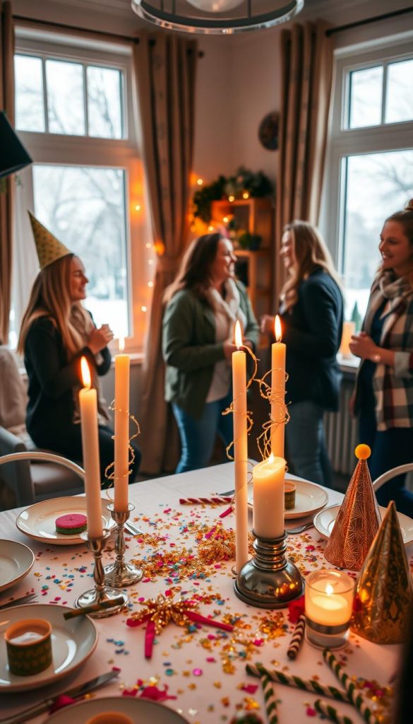 A cozy indoor space decorated for a festive New Year's Eve party themed around creativity and joy. In the foreground, a beautifully set table adorned with DIY decorations like handmade candles, glittering confetti, and colorful party hats, all featuring warm inviting colors. The middle ground showcases a group of friends wearing stylish casual attire, engaging in cheerful conversations and laughter, while preparing for the festivities. In the background, a window reveals a snowy winter landscape outside, with soft, warm lighting illuminating the room, creating an inviting atmosphere. The overall mood is joyful and inspirational, perfectly embodying the spirit of a creative New Year's Eve celebration, with subtle branding elements reflecting "KlickKiste".