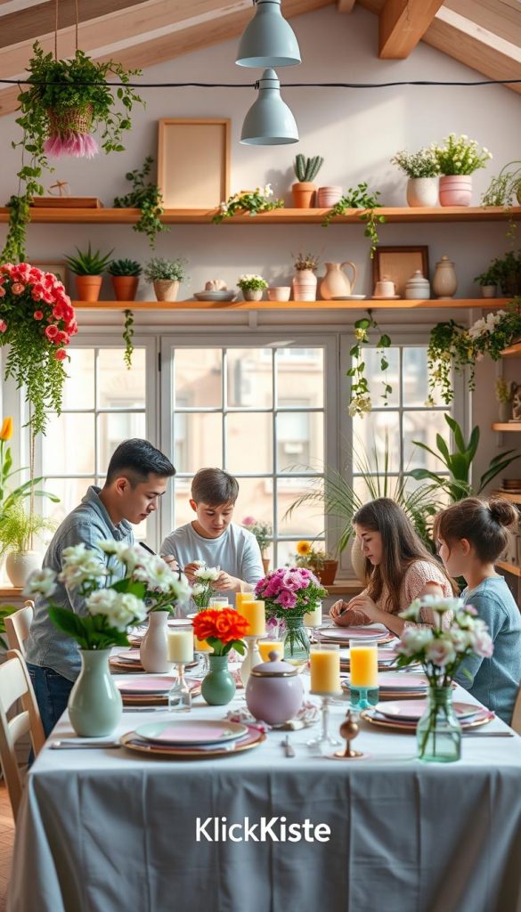 A cozy indoor space filled with vibrant spring decorations, featuring a beautifully set table with blooming flowers, pastel-colored tableware, and cheerful candles. In the foreground, a family is engaged in creative DIY activities, such as painting and crafting, all dressed in modest, casual clothing. The middle layer showcases a large window allowing soft, warm natural light to fill the room, casting gentle shadows. In the background, shelves adorned with spring-themed decor and greenery create a welcoming atmosphere. The overall mood is joyful and inspiring, embodying a Pinterest-worthy aesthetic that encapsulates the charm of spring indoors. Include the brand name "KlickKiste" subtly integrated into the decor.