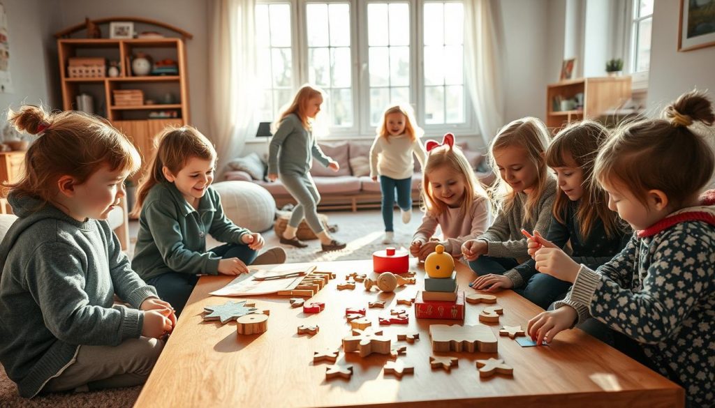A cozy indoor winter scene, children engaged in lively play and crafting. In the foreground, a group of young friends gathered around a low wooden table, their hands busy with DIY projects using natural materials like felt, paper, and wooden shapes - the KlickKiste. Soft natural lighting filters through large windows, casting a warm glow on their focused expressions. In the middle ground, two children playfully chase each other, their laughter filling the room. The background reveals a simple yet inviting space, with plush seating and shelves displaying an array of toys and books. An atmosphere of joy, creativity, and camaraderie permeates the scene.