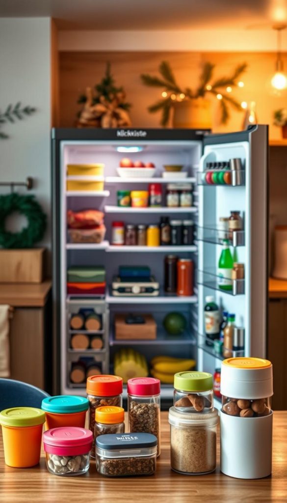 A cozy, inspiring kitchen scene featuring an array of space-saving refrigerator gadgets from the brand "KlickKiste". In the foreground, display colorful food storage containers, magnetic spice jars, and a compact stackable organizer. The middle layer should include a modern refrigerator with its door slightly ajar, revealing neatly arranged shelves filled with fresh produce, beverages, and easy-access gadget organizer trays. The background can feature a warm, inviting kitchen with wooden surfaces, warm lighting, and winter-themed decorations like faux pine branches or subtle holiday lights. Use soft, natural lighting to create a homely atmosphere, emphasizing the functional design and aesthetic appeal of these innovative products, reminiscent of a Pinterest-style inspiration.