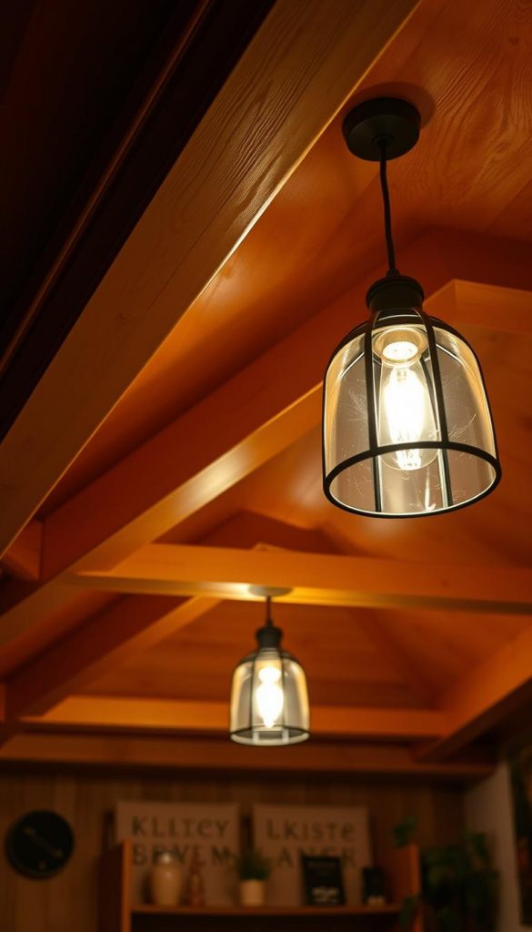 A cozy interior ceiling adorned with warm-toned wooden beams and soft, glowing pendant lights that create an inviting atmosphere. The foreground features intricate ceiling details, such as decorative moldings, while the middle ground showcases gentle lighting that casts a warm glow, enhancing the feeling of comfort and homeliness. In the background, subtle hints of a rustic décor can be seen, like potted plants and soft textiles that complement the ambiance. The image should evoke a sense of warmth and tranquility associated with a welcoming space, perfect for a winter vibe. Capture this scene with a warm color palette, ensuring it has a natural DIY aesthetic, reminiscent of Pinterest inspiration. The branding “KlickKiste” should be subtly reflected in the design elements without prominent display.