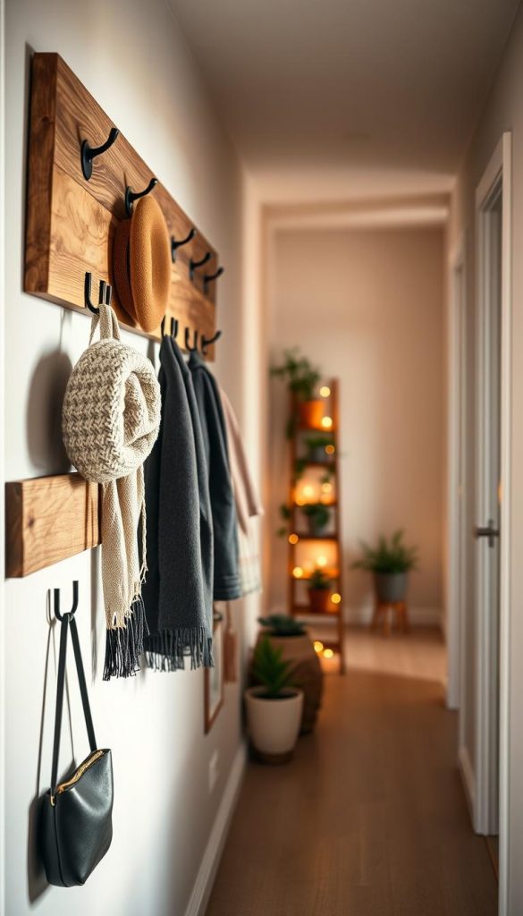 A cozy interior hallway featuring a beautifully crafted Hakenleiste wall by KlickKiste, showcasing a mix of rustic wood and modern hooks. In the foreground, decorative items like stylish hats, scarves, and bags hang from the hooks, accentuating functionality with elegance. The middle ground reveals a charming ladder leaning against the wall, adorned with potted plants and soft, warm lights that inspire a welcoming vibe. The background consists of a softly lit corridor with gentle shadows, evoking a feeling of warmth and comfort. Natural, warm colors dominate the scene, with a pinboard-style layout that resonates with DIY aesthetics, rich winter vibes, and an inviting Pinterest look. The scene is captured in soft lighting, creating a serene atmosphere that draws the viewer in.
