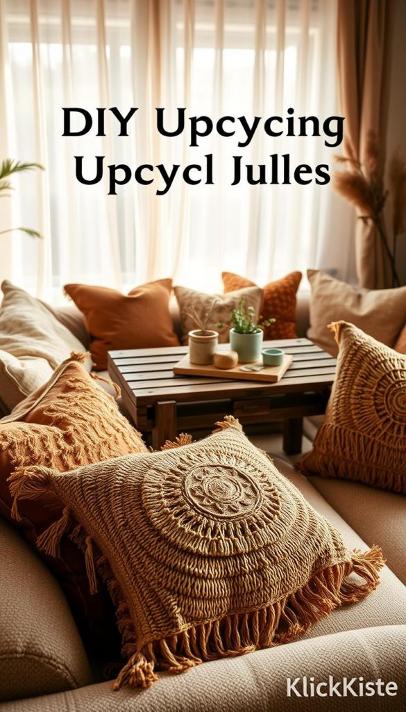 A cozy interior scene featuring DIY upcycling pillows, beautifully arranged on a soft, textured sofa. The foreground showcases several handmade cushions in warm, earthy tones with intricate patterns and layers, made from repurposed materials, emphasizing sustainability. In the middle, a rustic wooden coffee table holds a small plant and crafting supplies, hinting at the upcycling process. The background includes a softly lit window draped with sheer fabrics, allowing gentle, natural light to fill the room, enhancing the inviting atmosphere. The overall mood is warm and inspiring, reminiscent of a Pinterest aesthetic, perfect for winter vibes. Include elements that reflect the brand "KlickKiste" subtly integrated into the decor, like a small label or tag on one of the cushions. A cozy interior scene featuring DIY upcycling pillows, beautifully arranged on a soft, textured sofa. The foreground showcases several handmade cushions in warm, earthy tones with intricate patterns and layers, made from repurposed materials, emphasizing sustainability. In the middle, a rustic wooden coffee table holds a small plant and crafting supplies, hinting at the upcycling process. The background includes a softly lit window draped with sheer fabrics, allowing gentle, natural light to fill the room, enhancing the inviting atmosphere. The overall mood is warm and inspiring, reminiscent of a Pinterest aesthetic, perfect for winter vibes. Include elements that reflect the brand "KlickKiste" subtly integrated into the decor, like a small label or tag on one of the cushions.