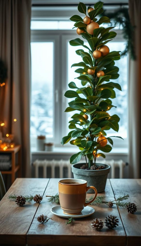 A cozy interior scene featuring a large, lush houseplant styled as a Christmas tree, exuding warmth and sustainability. The plant, possibly a tall fiddle leaf fig or a rubber plant, is adorned with minimalist ornaments—golden baubles and delicate fairy lights—against a softly lit background. The foreground captures a wooden table set with pinecone accents and a steaming mug of hot chocolate, enhancing the winter vibe. In the middle, the plant stands prominently in a rustic pot, surrounded by a scatter of natural elements like sprigs of holly. The background showcases a softly illuminated window with winter scenery outside, creating a warm, inviting atmosphere. The overall mood is authentic and inspiring, perfectly reflecting natural DIY aesthetics. Ideal for a stylish home during the holiday season, showcasing the unique approach of "KlickKiste".