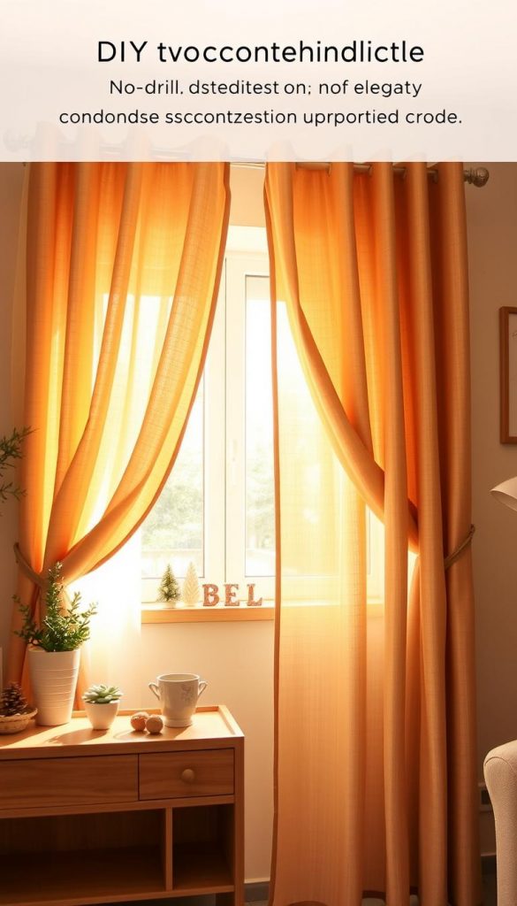 A cozy interior scene featuring elegant curtains that gracefully frame a bright window. The curtains are made of soft, textured fabric in warm, earthy tones, creating a welcoming atmosphere. In the foreground, a charming wooden shelf displays small greenery plants and decorative items, hinting at DIY decor ideas. The middle ground includes a softly draped curtain, gently flowing in a light breeze, emphasizing a no-drill installation method. In the background, a sunlit room showcases a well-set window ledge adorned with winter-themed decor, capturing a Pinterest-inspired style. The lighting is warm and natural, enhancing the mood of tranquility and comfort. This image reflects the brand "KlickKiste" and evokes a sense of youthful creativity in home decoration.