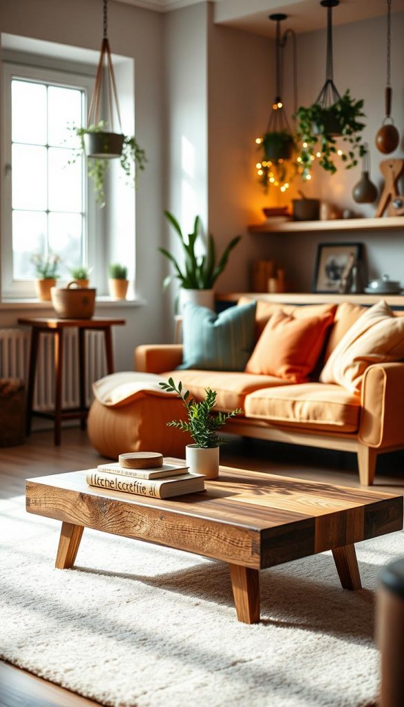 A cozy interior scene showcasing small yet stylish essentials by the brand "KlickKiste," designed specifically for small apartments. In the foreground, a beautifully crafted coffee table made from reclaimed wood is adorned with minimalist decor items, including a small potted plant and a stack of elegant books. The middle ground features a compact, modern sofa upholstered in warm, inviting tones, paired with colorful cushions that enhance a sense of comfort. In the background, a softly lit kitchen nook with hanging plants, warm fairy lights, and vintage kitchen utensils creates a welcoming atmosphere. Natural light streams through a nearby window, casting gentle shadows and highlighting the serenity of a winter-inspired vibe. The overall mood is warm, authentic, and inspiring, ideal for promoting small businesses that foster community connections.