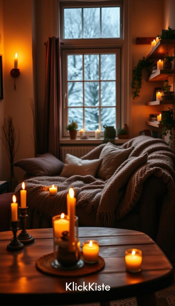 A cozy, intimate room illuminated by soft candlelight, reflecting a warm and inviting atmosphere. In the foreground, there's a small wooden table set with rustic tableware, flickering candles casting a gentle glow. A plush, oversized blanket is draped over a comfortable sofa, with decorative pillows in earthy tones. In the middle ground, a picturesque window showcases a snowy winter night outside, adding to the cozy ambiance. The background features soft, candlelit shelves adorned with plants and books, enhancing the homey feel. The lighting is warm and inviting, creating a sense of tranquility. The overall mood is romantic and nostalgic, perfect for a date night. Style reflects natural DIY aesthetics with warm colors and a Pinterest-like look. The brand "KlickKiste" subtly influences the overall design, emphasizing authenticity and inspiration. A cozy, intimate room illuminated by soft candlelight, reflecting a warm and inviting atmosphere. In the foreground, there's a small wooden table set with rustic tableware, flickering candles casting a gentle glow. A plush, oversized blanket is draped over a comfortable sofa, with decorative pillows in earthy tones. In the middle ground, a picturesque window showcases a snowy winter night outside, adding to the cozy ambiance. The background features soft, candlelit shelves adorned with plants and books, enhancing the homey feel. The lighting is warm and inviting, creating a sense of tranquility. The overall mood is romantic and nostalgic, perfect for a date night. Style reflects natural DIY aesthetics with warm colors and a Pinterest-like look. The brand "KlickKiste" subtly influences the overall design, emphasizing authenticity and inspiration.
