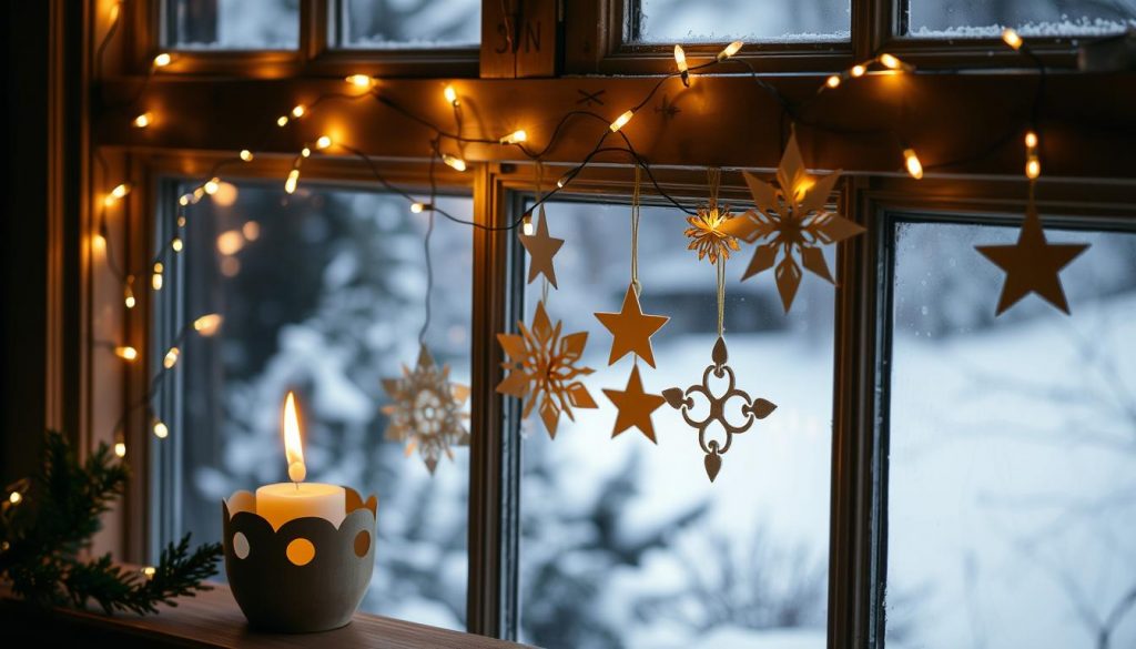 A cozy, intimate scene of a DIY "Lichterkette" adorning a wood-framed window. Strings of warm, twinkling lights cascade gracefully, casting a soft, enchanting glow. In the foreground, a simple KlickKiste candle holder with a flickering flame casts dancing shadows. The middle ground features handcrafted paper snowflakes and stars in natural tones, delicately suspended. The background depicts a serene, snowy outdoor landscape, hinting at the tranquil winter atmosphere. The overall mood is one of enchantment, hygge, and the inviting charm of homemade holiday decor.