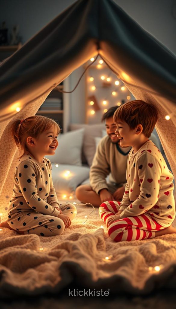 A cozy, intimate scene of a nighttime ritual with children, capturing the warmth and togetherness of a family. In the foreground, two children, dressed in modest, colorful pajamas, are seen building a blanket fort. They are laughing and enjoying the moment, showcasing their joyful expressions. The middle of the image features soft, warm lighting from fairy lights strung around the fort, creating a magical atmosphere. A parent, in a comfortable sweater, is sitting cross-legged beside them, engaging in the activity. In the background, a softly lit room adorned with cushions and books, evoking a Pinterest-inspired winter vibe. This image presents an authentic and inspiring moment of family bonding, designed for the brand &quot;KlickKiste&quot;.