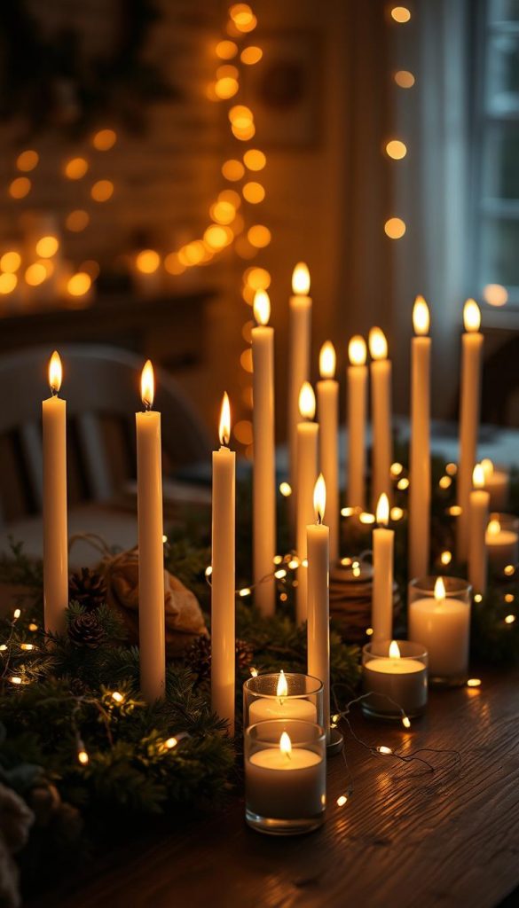 A cozy, intimate scene of glowing candle lights and twinkling fairy lights, creating a warm, inviting ambiance. Delicate, golden-hued flames flicker gently, casting a soft, romantic glow on a rustic, wooden table adorned with natural, winter-inspired accents. Clusters of slim, tapered candles in various heights, interspersed with dainty string lights, weave a magical, Pinterest-inspired display. The moody, autumnal palette evokes a sense of hygge and coziness, perfect for setting the mood for a festive gathering or intimate dinner party. A cozy, intimate scene of glowing candle lights and twinkling fairy lights, creating a warm, inviting ambiance. Delicate, golden-hued flames flicker gently, casting a soft, romantic glow on a rustic, wooden table adorned with natural, winter-inspired accents. Clusters of slim, tapered candles in various heights, interspersed with dainty string lights, weave a magical, Pinterest-inspired display. The moody, autumnal palette evokes a sense of hygge and coziness, perfect for setting the mood for a festive gathering or intimate dinner party.