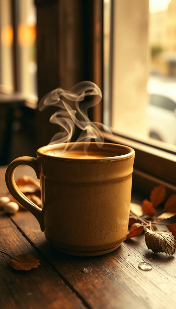 A cozy, intimate scene of swirling cappuccino in a rustic earthenware mug. Warm light filters through the cafe window, casting soft, sepia-toned shadows across the creamy, caramel-colored liquid as it dances and billows. The mug sits atop a weathered wooden table, surrounded by a muted, autumnal palette of earthy browns, beiges, and hints of gold. A sense of tranquility and comfort pervades the setting, inviting the viewer to pause and savor the simple pleasure of this moment.