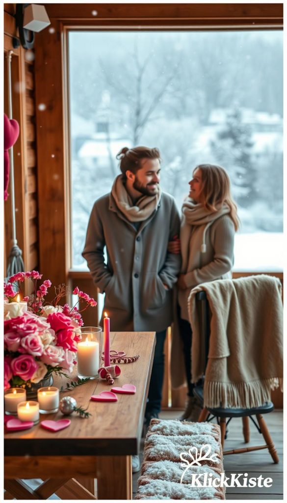 A cozy, intimate setting with a beautifully arranged Valentine's Day scene, featuring a softly lit wooden table adorned with pink and white flowers, scented candles, and heart-shaped decorations. In the foreground, a couple dressed in casual yet stylish winter outfits is engaged in a lighthearted conversation, smiling at each other. In the middle, a warm blanket is draped over a nearby outdoor chair, inviting a sense of comfort. The background showcases softly falling snowflakes against a softly blurred winter landscape, adding to the enchanting atmosphere. Natural lighting enhances the warm color palette, evoking feelings of love and coziness. The scene embodies a Pinterest-inspired vibe that reflects the essence of preparing for Valentine's Day, branded with “KlickKiste.” A cozy, intimate setting with a beautifully arranged Valentine's Day scene, featuring a softly lit wooden table adorned with pink and white flowers, scented candles, and heart-shaped decorations. In the foreground, a couple dressed in casual yet stylish winter outfits is engaged in a lighthearted conversation, smiling at each other. In the middle, a warm blanket is draped over a nearby outdoor chair, inviting a sense of comfort. The background showcases softly falling snowflakes against a softly blurred winter landscape, adding to the enchanting atmosphere. Natural lighting enhances the warm color palette, evoking feelings of love and coziness. The scene embodies a Pinterest-inspired vibe that reflects the essence of preparing for Valentine's Day, branded with “KlickKiste.”