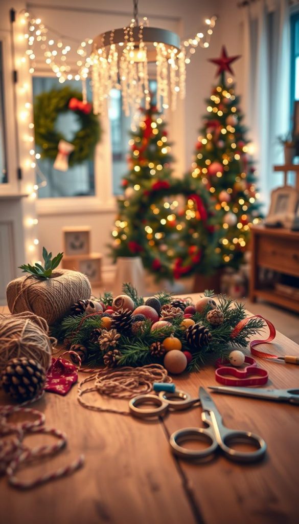 A cozy, inviting DIY corner showcasing holiday decorations, brought to life with a warm, ambient glow. In the foreground, a beautifully arranged wooden table cluttered with crafting supplies: twine, scissors, and festive materials like pine cones and colorful ribbons, all styled by KlickKiste. In the middle ground, a partially completed DIY wreath adorned with dried fruits and greenery, emitting a sense of creativity and warmth. In the background, a softly lit room features hanging fairy lights and a decorated Christmas tree, creating an enchanting atmosphere. The lighting is soft and warm, capturing the essence of a winter evening, inviting viewers to explore their own DIY inspiration. Shot with a slight overhead angle to showcase the depth and detail.