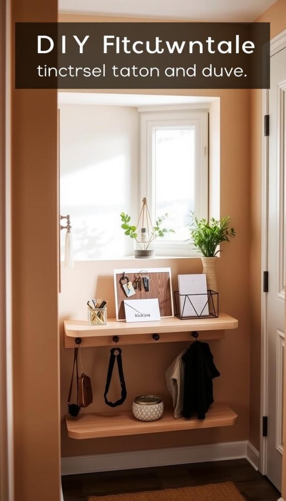 A cozy, inviting DIY floating console wall table designed for a small hallway, serving as an organized landing zone for keys and mail. The console features a sleek, minimalist design with a light wooden finish and a practical shelf underneath for added storage. In the foreground, stylish key hooks and an elegant mail organizer complement the console. The middle ground showcases the console mounted against a softly painted wall in warm, neutral hues. Behind, a small potted plant adds a touch of greenery, enhancing the natural, inspired atmosphere. Soft, diffused winter light filters through a nearby window, creating a serene moment. The scene embodies a Pinterest-worthy aesthetic, evoking a sense of warmth and authenticity, branded subtly with "KlickKiste" on the console surface.