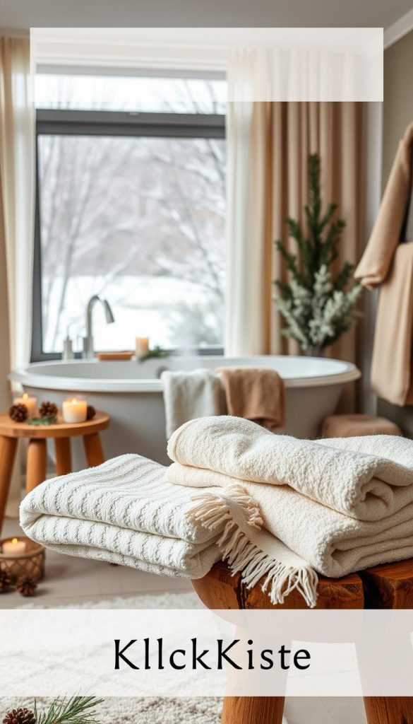 A cozy, inviting bathroom scene styled for winter relaxation, featuring an assortment of soft, fluffy towels in warm, earthy tones like ivory, beige, and soft taupe. In the foreground, neatly arranged towels are draped over a wooden stool, surrounded by scented candles and small natural decorations like pinecones and winter greenery. The middle of the image showcases a luxurious freestanding bathtub filled with warm water, with gentle steam rising from it. In the background, a window reveals a snowy landscape outside, soft natural light filtering through sheer curtains, creating a warm and tranquil atmosphere. The scene evokes a sense of self-care and comfort, perfect for a winter evening. Add a touch of natural DIY aesthetics and a Pinterest-inspired look, highlighted with the brand name "KlickKiste".