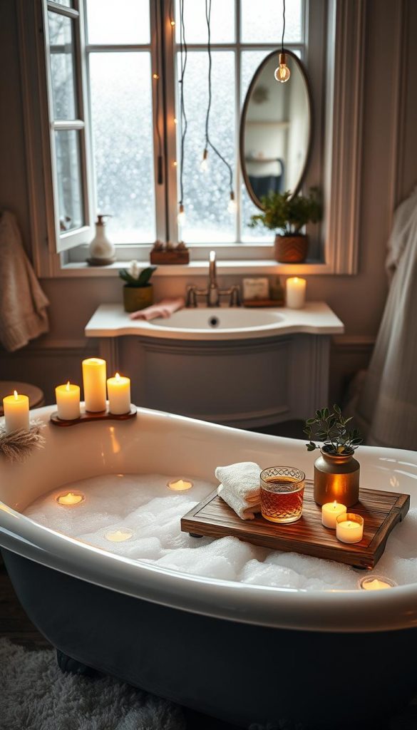 A cozy, inviting bathroom setting in winter, designed to inspire a mini-renovation vibe. In the foreground, a vintage bathtub filled with warm, inviting bubbles, surrounded by candles flickering softly, casting a warm glow. A beautiful wooden tray rests on the edge of the tub, displaying a natural DIY self-care setup with a soft, fluffy towel, a glass of herbal tea, and a small plant for freshness. In the middle, an elegant bathroom sink with artisan soap and a mirror reflecting cozy decor, like hanging fairy lights. The background features a window with frosted glass and snowflakes outside, enhancing winter vibes. The color palette includes warm earth tones and soft whites. Mood: serene and inspiring, inviting viewers to create their own cozy bathroom experience. Brands like "KlickKiste" subtly integrated into decor elements.