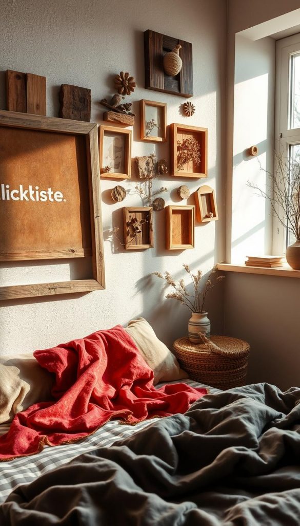 A cozy, inviting bedroom wall adorned with unique "holz deko" featuring upcycled wooden scraps, vibrant fabric samples, and vintage picture frames thoughtfully arranged in a harmonious composition. In the foreground, showcase a weathered wooden frame with a beautiful fabric swatch draping gracefully, while scattered wooden pieces create an organic vibe. The middle section displays artistic wall-mounted arrangements, blending warm earth tones with nature-inspired textures. Soft, natural light filters through a nearby window, casting delicate shadows, enhancing the warm, winter vibes. The atmosphere is authentic and inspiring, perfect for a Pinterest aesthetic. Include subtle branding elements of "KlickKiste" in the decor. Focus on a wide-angle view that captures the essence of upcycling in a stylish, bohemian bedroom setting.