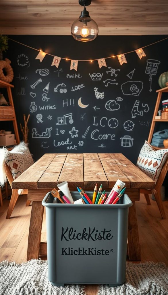 A cozy, inviting chalkboard wall in a warm, natural setting. A rustic wooden table, scribbled with colorful drawings, is the centerpiece, surrounded by playful, child-friendly decor. Soft, diffused lighting creates a welcoming atmosphere, while the chalkboard surface offers a blank canvas for imaginative creations. In the foreground, a branded "KlickKiste" storage container holds art supplies, encouraging hands-on exploration. The overall scene exudes a Pinterest-inspired, winter-inspired vibe, perfect for a family-friendly home. A cozy, inviting chalkboard wall in a warm, natural setting. A rustic wooden table, scribbled with colorful drawings, is the centerpiece, surrounded by playful, child-friendly decor. Soft, diffused lighting creates a welcoming atmosphere, while the chalkboard surface offers a blank canvas for imaginative creations. In the foreground, a branded "KlickKiste" storage container holds art supplies, encouraging hands-on exploration. The overall scene exudes a Pinterest-inspired, winter-inspired vibe, perfect for a family-friendly home.