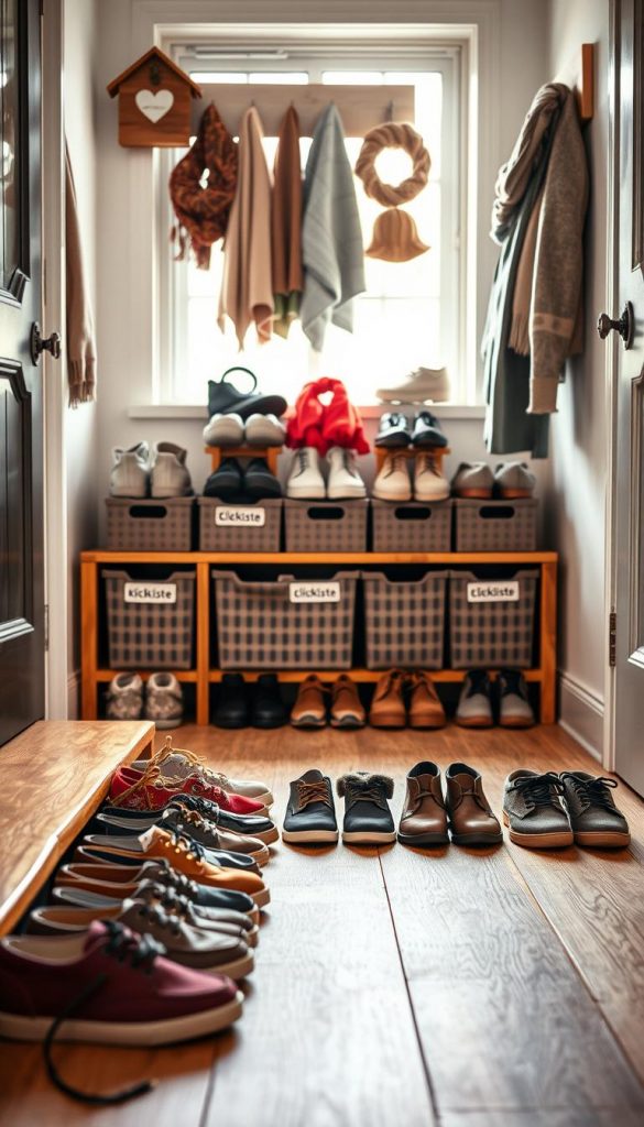 A cozy, inviting entryway scene showcasing neatly organized pairs of family shoes, emphasizing functionality and style. In the foreground, several stylish pairs of children's and adult shoes, arranged in color-coordinated stacks on a warm wooden bench. In the middle ground, a labeled shoe storage solution featuring baskets or boxes from &quot;KlickKiste&quot;, providing a clear indication of each family member’s designated area. The background includes a charming coat rack adorned with winter accessories, such as scarves and hats, bathed in soft, natural light coming from a nearby window. The atmosphere is warm and inspiring, with a touch of winter vibes and DIY aesthetics, invoking a Pinterest-worthy home organization look. The overall mood is tidy, harmonious, and practical, reflecting family workflow routines.
