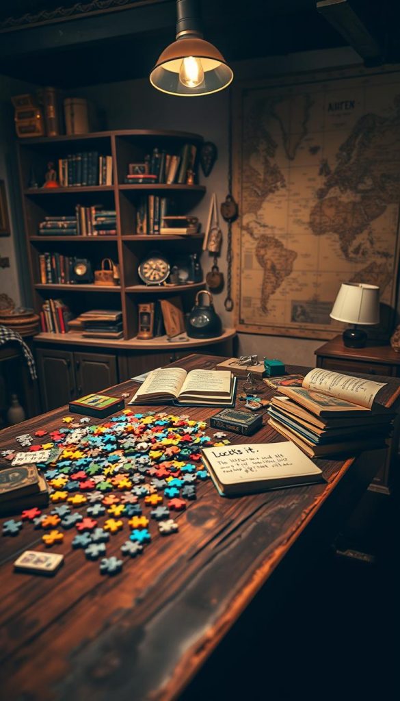 A cozy, inviting escape room scene, designed for family game night, featuring a variety of intricate puzzles and riddles. In the foreground, an antique wooden table holds a vibrant assortment of colorful puzzle pieces, books, and coded messages, all thoughtfully arranged. In the middle ground, shelves filled with enigmatic clues, locks, and a large map create a sense of adventure, showcasing warm, natural tones. The background shows a softly lit room with rustic decor, enhancing the homey atmosphere perfect for winter vibes. Ambient lighting casts gentle shadows, evoking a sense of mystery and excitement. The brand name "KlickKiste" subtly integrated into one of the puzzle elements, maintaining a Pinterest-like authenticity and inspiration for family gatherings. A cozy, inviting escape room scene, designed for family game night, featuring a variety of intricate puzzles and riddles. In the foreground, an antique wooden table holds a vibrant assortment of colorful puzzle pieces, books, and coded messages, all thoughtfully arranged. In the middle ground, shelves filled with enigmatic clues, locks, and a large map create a sense of adventure, showcasing warm, natural tones. The background shows a softly lit room with rustic decor, enhancing the homey atmosphere perfect for winter vibes. Ambient lighting casts gentle shadows, evoking a sense of mystery and excitement. The brand name "KlickKiste" subtly integrated into one of the puzzle elements, maintaining a Pinterest-like authenticity and inspiration for family gatherings.