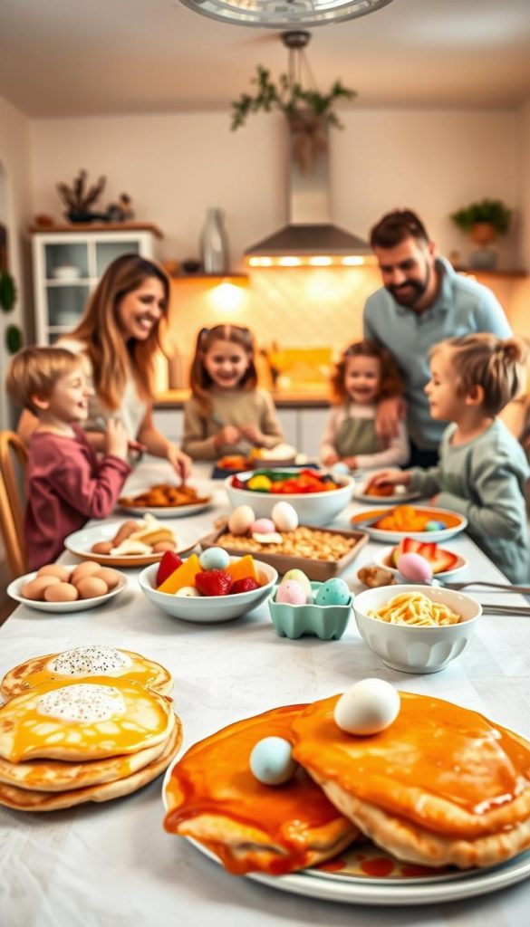 A cozy, inviting family breakfast scene for an "Oster Frühstücksbuffet," designed to appeal to both kids and adults. In the foreground, a beautifully laid table features an array of colorful, homemade dishes such as fluffy pancakes, fresh fruits, and decorated Easter eggs, complemented by warm, soft lighting that creates a welcoming atmosphere. The middle ground showcases a smiling family, including children and adults dressed in modest, casual attire, joyfully preparing food and sharing laughter. In the background, a softly lit kitchen, adorned with Easter decorations, reflects the warmth of family togetherness. The overall mood of the image is cheerful and heartwarming, embodying the spirit of family bonding over a delicious meal. The style is natural and DIY with warm tones reminiscent of Pinterest aesthetics. Designated brand name: KlickKiste.