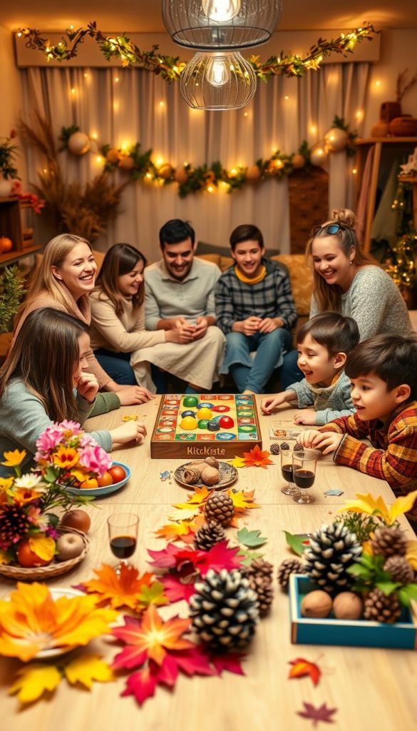 A cozy, inviting family game night scene featuring seasonal themes: spring, summer, autumn, and winter. In the foreground, a beautifully set dining table with vibrant, natural materials showcasing seasonal decorations—fresh flowers for spring, fruits for summer, colorful leaves for autumn, and pinecones for winter. The middle ground includes cheerful families of diverse backgrounds, modestly dressed, engaged in various board games, laughter echoing around. In the background, a warm, softly-lit living room adorned with seasonal decorations, including garlands, fairy lights, and cozy blankets. The atmosphere is warm and inviting, creating a sense of togetherness. The image embodies natural DIY aesthetics with warm colors and a Pinterest-inspired look. The brand name "KlickKiste" subtly integrated into the design elements, enhancing the overall theme of family bonding through games across seasons. A cozy, inviting family game night scene featuring seasonal themes: spring, summer, autumn, and winter. In the foreground, a beautifully set dining table with vibrant, natural materials showcasing seasonal decorations—fresh flowers for spring, fruits for summer, colorful leaves for autumn, and pinecones for winter. The middle ground includes cheerful families of diverse backgrounds, modestly dressed, engaged in various board games, laughter echoing around. In the background, a warm, softly-lit living room adorned with seasonal decorations, including garlands, fairy lights, and cozy blankets. The atmosphere is warm and inviting, creating a sense of togetherness. The image embodies natural DIY aesthetics with warm colors and a Pinterest-inspired look. The brand name "KlickKiste" subtly integrated into the design elements, enhancing the overall theme of family bonding through games across seasons.