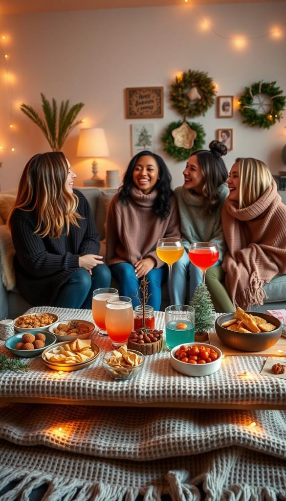 A cozy, inviting girls' night setting at home, featuring a warm color palette and winter vibes. In the foreground, a well-decorated coffee table laden with delicious snacks and colorful mocktails, placed on a soft, textured blanket. In the middle, three diverse women in modest casual attire are laughing and chatting, surrounded by twinkling fairy lights and DIY decorations. The background features a softly lit living room with plush seating, adorned with seasonal decor that adds to the ambiance. The atmosphere is warm, friendly, and inspirational, perfect for a memorable gathering. Use natural lighting to evoke a homey feel, and ensure the image captures the essence of a Pinterest-worthy night in. Brand label: KlickKiste.