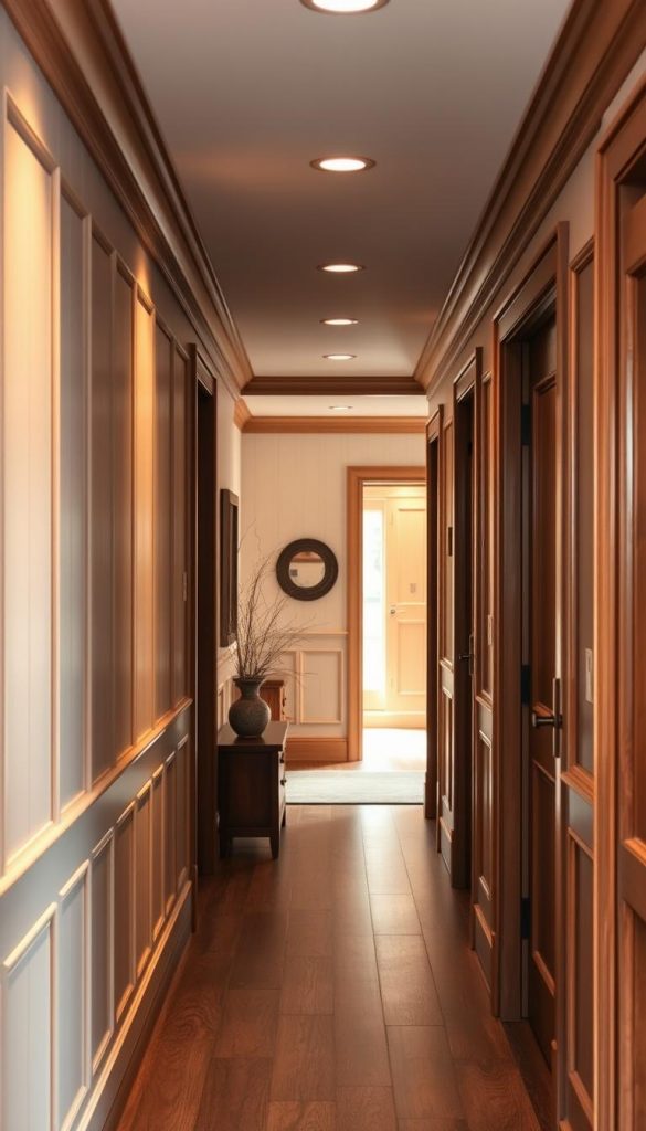 A cozy, inviting hallway featuring elegant wall treatments, including Board-and-Batten and decorative panels, with charming wood trim and intricate crown molding. The foreground showcases a beautifully textured wall, highlighted by warm, soft lighting that enhances the natural tones of the wood and paint. In the middle, subtle yet stylish decor elements, like a well-placed plant and a rustic mirror, create a sense of warmth and welcome. The background reveals a hint of an inviting entrance, with a soft focus to emphasize the cozy atmosphere. The overall mood is warm and inviting, with winter vibes captured in this Pinterest-worthy scene. Capture this in an authentic and inspiring visual style reminiscent of &quot;KlickKiste&quot;.