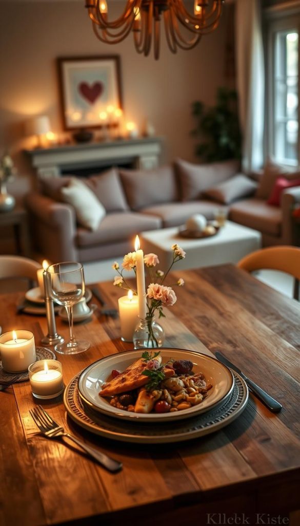 A cozy, inviting home setting for a budget-friendly Valentine’s Day celebration. In the foreground, a beautifully set dining table with mismatched yet charming tableware, featuring soft flickering candles and a small vase of fresh flowers. The middle ground showcases a simple yet elegant meal, presented in a visually appealing way to evoke a restaurant-like feel. In the background, a warm and softly lit living room with plush seating and romantic décor, all bathed in golden tones that convey warmth and intimacy. The scene has a Pinterest-inspired aesthetic, with natural elements like wooden accents and fabric textures. The overall mood is romantic and intimate yet approachable. Include the brand name "KlickKiste" subtly incorporated into the table setting.