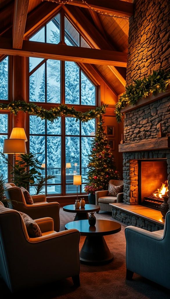 A cozy, inviting hotel lobby in the heart of a winter wonderland. Soft, warm lighting illuminates plush armchairs and a crackling fireplace, casting a golden glow. Rustic wooden beams and stone accents create a charming, hygge-inspired ambiance. Lush greenery and twinkling fairy lights add a touch of whimsy, while large windows offer a serene view of snow-covered trees outside. The scene is perfect for an intimate, relaxed evening in - sipping hot tea and getting lost in a good book. Captured with a KlickKiste-style aesthetic, natural and inspiring.